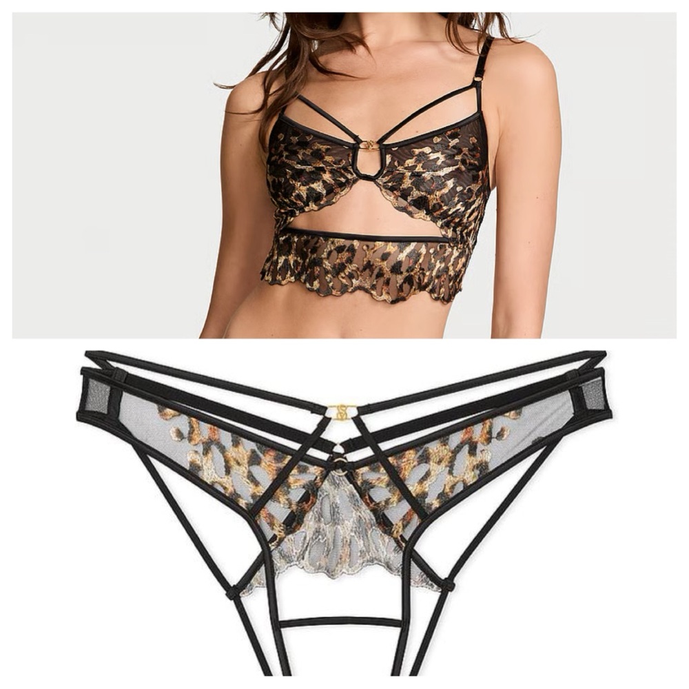 Vitoria Secret NEW Set Bra Panties Strappy Shiny Leopard Embroidery